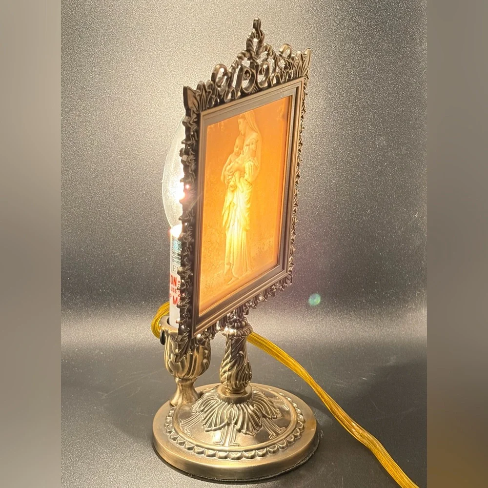 Vintage L’Innocence Madonna & Child Porcelain Lithophane Table Lamp, Mary & Lamb